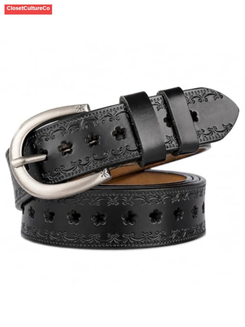 Vintage Leather Belt Floral Engraved Hollow Out Metal Buckle Women